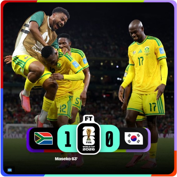 Jugadores de la Selección de Sudáfrica celebran el gol de Thapelo Maseko en la victoria 1-0 sobre Corea del Sur durante la fase de grupos de la Copa Mundial de la FIFA 2026. El triunfo aseguró la primera clasificación de los Bafana Bafana a la fase de eliminación directa de un Mundial.