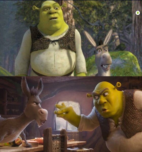 Comparación visual entre el diseño clásico y el nuevo diseño de Shrek y Burro mostrado en el primer tráiler oficial de Shrek 5.