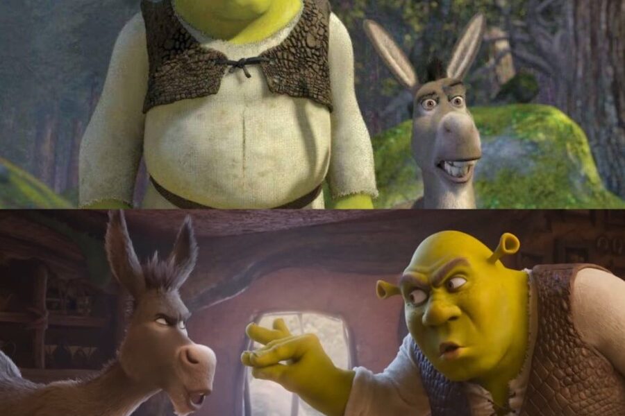 Comparación visual entre el diseño clásico y el nuevo diseño de Shrek y Burro mostrado en el primer tráiler oficial de Shrek 5.