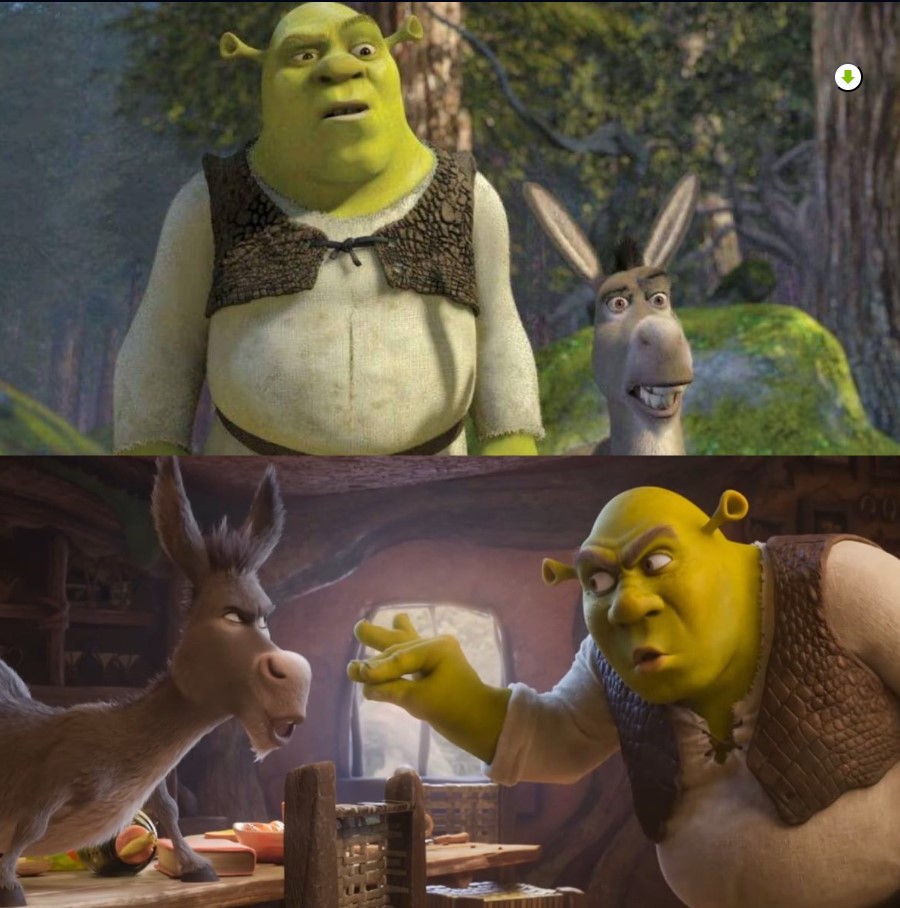 Comparación visual entre el diseño clásico y el nuevo diseño de Shrek y Burro mostrado en el primer tráiler oficial de Shrek 5.