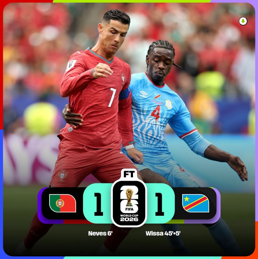 Cristiano Ronaldo disputa el balón durante el empate entre Portugal y República Democrática del Congo en el Mundial 2026.
