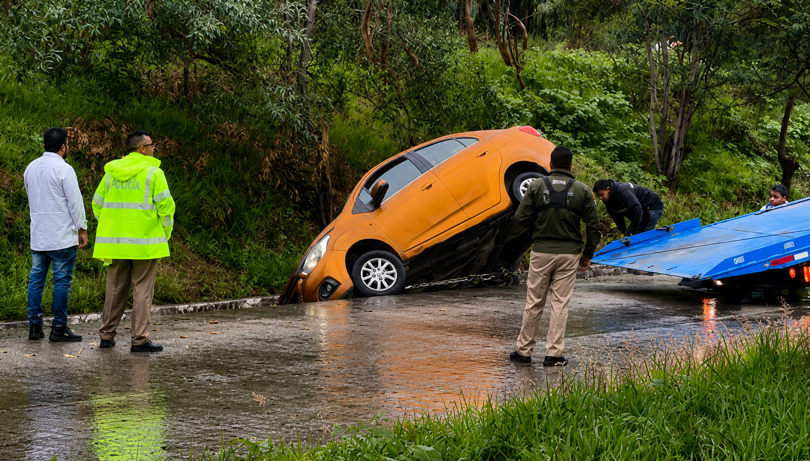 Automóvil color naranja dentro de una cuneta tras derrapar sobre pavimento mojado en la carretera federal Puebla-Atlixco durante temporada de lluvias.