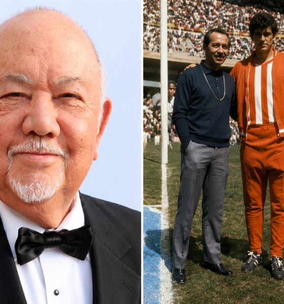 Retrato del actor mexicano Sergio Corona junto a una fotografía histórica relacionada con el futbol mexicano y la historia de los Mundiales de la FIFA.