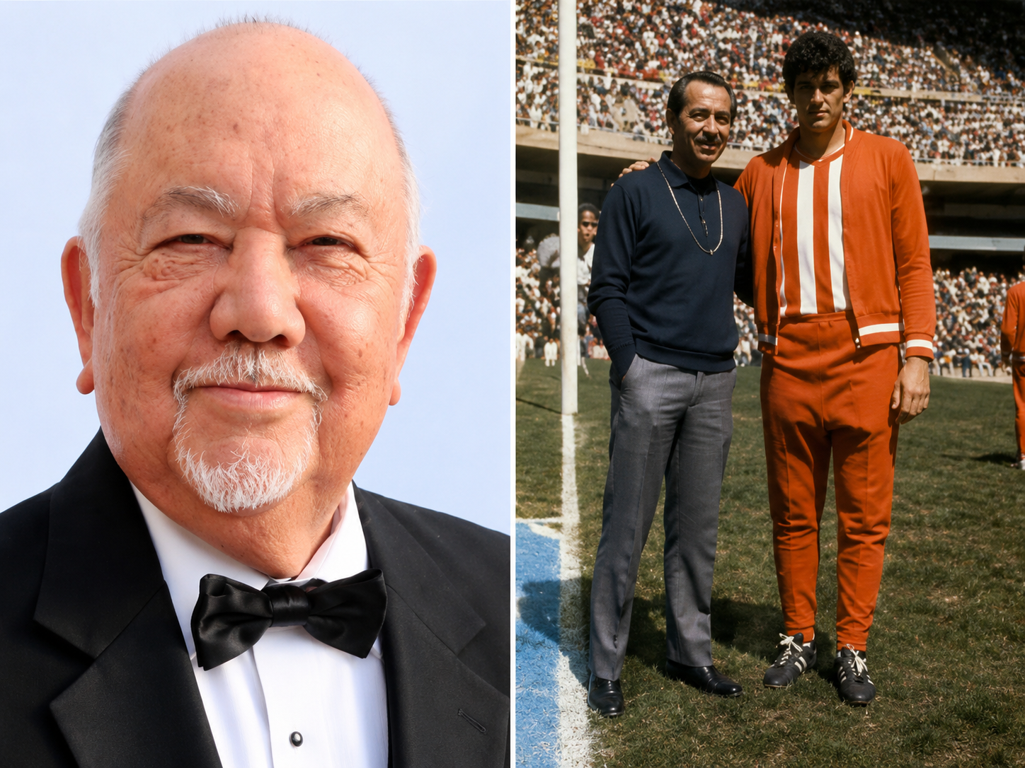 Retrato del actor mexicano Sergio Corona junto a una fotografía histórica relacionada con el futbol mexicano y la historia de los Mundiales de la FIFA.