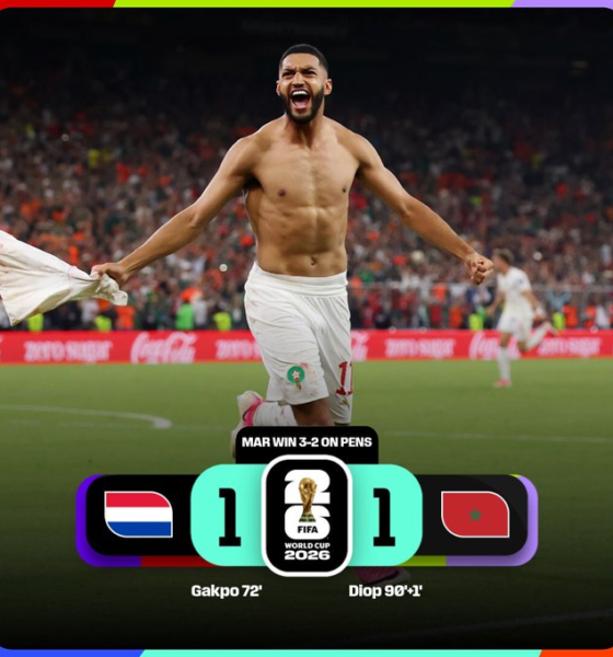Jugador de Marruecos celebra la clasificación tras vencer a Países Bajos en la tanda de penales de la fase de eliminación directa de la Copa Mundial de la FIFA 2026.