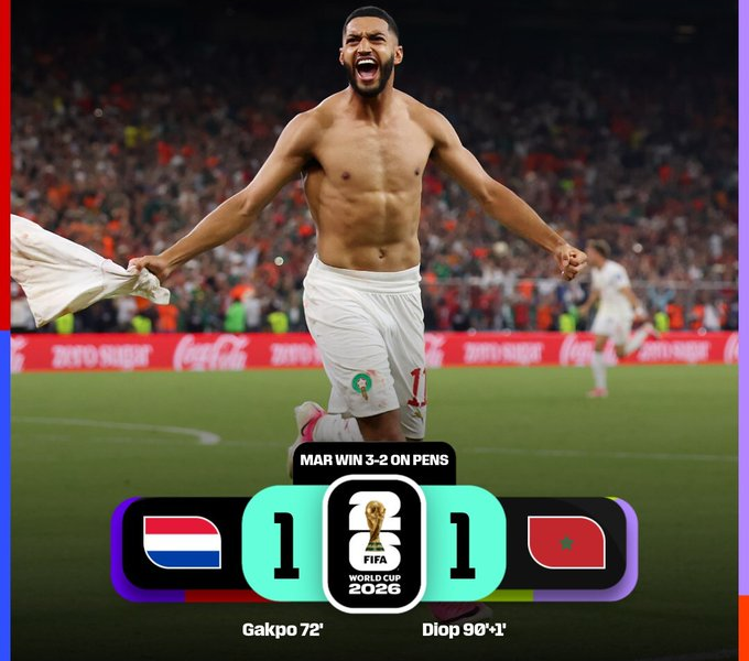 Jugador de Marruecos celebra la clasificación tras vencer a Países Bajos en la tanda de penales de la fase de eliminación directa de la Copa Mundial de la FIFA 2026.