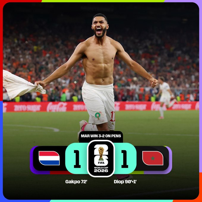 Jugador de Marruecos celebra la clasificación tras vencer a Países Bajos en la tanda de penales de la fase de eliminación directa de la Copa Mundial de la FIFA 2026.