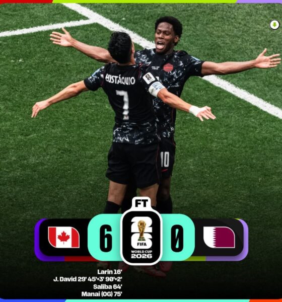 Jugadores de Canadá celebran durante la victoria 6-0 sobre Catar en la Copa Mundial de la FIFA 2026 en Vancouver.