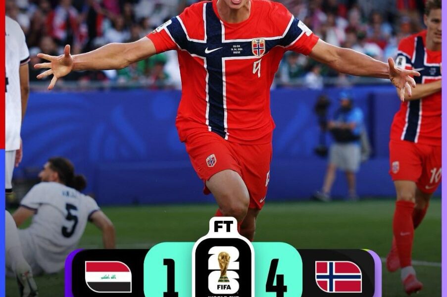 Erling Haaland celebra uno de los goles de Noruega durante la victoria 4-1 sobre Irak en la Copa Mundial de la FIFA 2026.