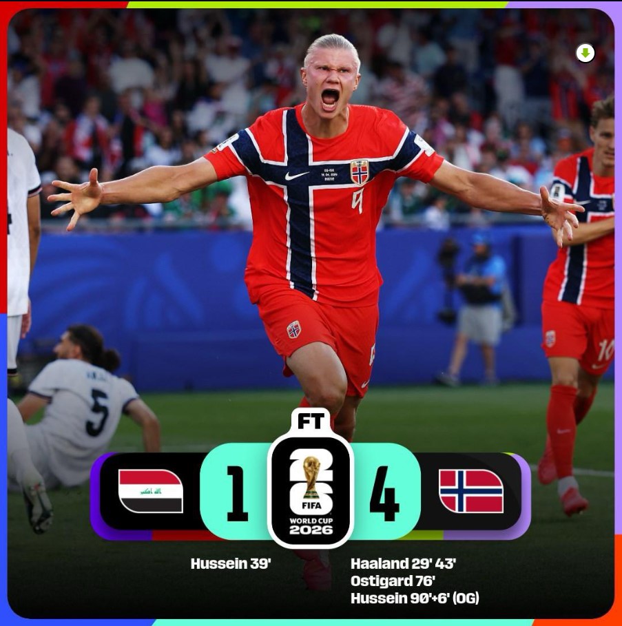 Erling Haaland celebra uno de los goles de Noruega durante la victoria 4-1 sobre Irak en la Copa Mundial de la FIFA 2026.