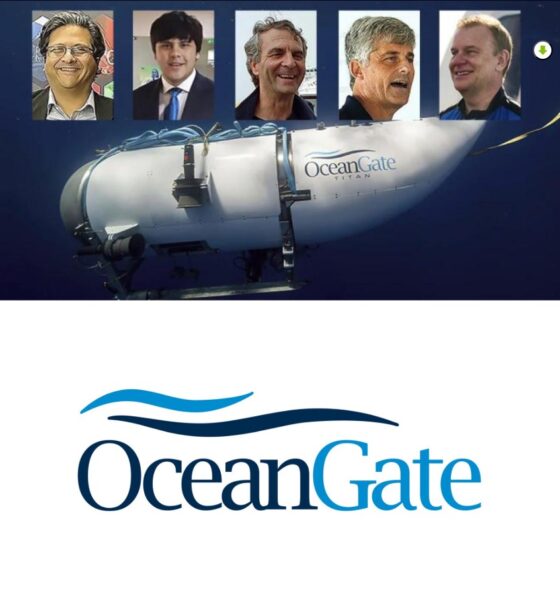 Imagen con el sumergible Titan de OceanGate y fotografías de las cinco personas que viajaban a bordo durante la expedición al Titanic.