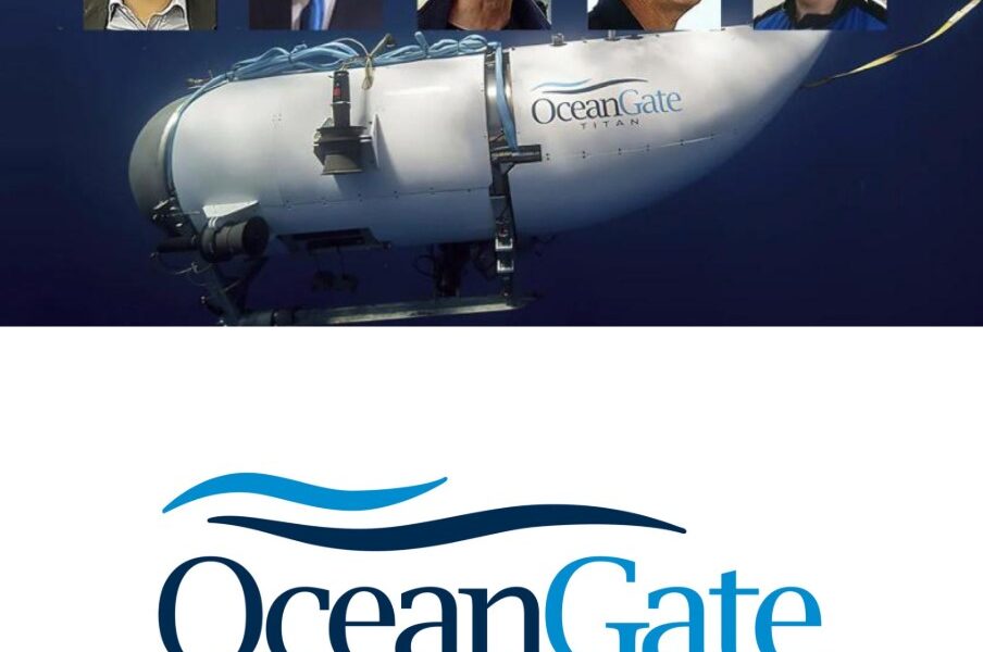 Imagen con el sumergible Titan de OceanGate y fotografías de las cinco personas que viajaban a bordo durante la expedición al Titanic.