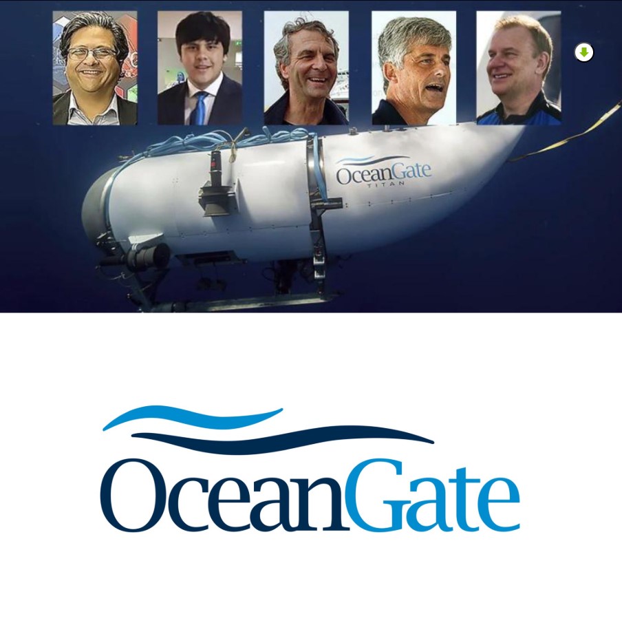 Imagen con el sumergible Titan de OceanGate y fotografías de las cinco personas que viajaban a bordo durante la expedición al Titanic.