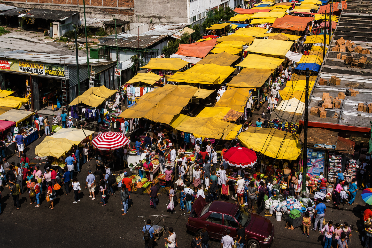 Vista aérea del Tianguis Regional de Atlixco durante una jornada comercial.