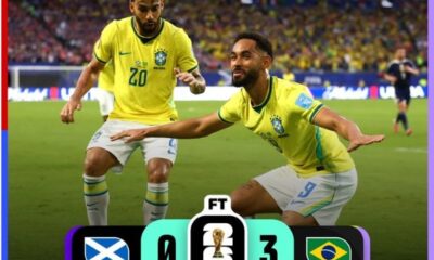Jugadores de la Selección de Brasil celebran la victoria 3-0 sobre Escocia durante la fase de grupos de la Copa Mundial de la FIFA 2026. Con un doblete de Vinícius Júnior y un gol de Matheus Cunha, la Canarinha aseguró el liderato del Grupo C y su clasificación a los dieciseisavos de final.