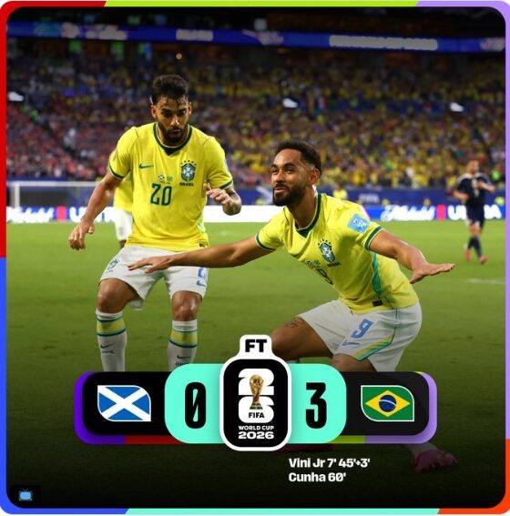 Jugadores de la Selección de Brasil celebran la victoria 3-0 sobre Escocia durante la fase de grupos de la Copa Mundial de la FIFA 2026. Con un doblete de Vinícius Júnior y un gol de Matheus Cunha, la Canarinha aseguró el liderato del Grupo C y su clasificación a los dieciseisavos de final.
