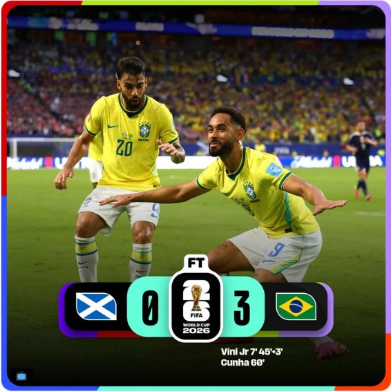 Jugadores de la Selección de Brasil celebran la victoria 3-0 sobre Escocia durante la fase de grupos de la Copa Mundial de la FIFA 2026. Con un doblete de Vinícius Júnior y un gol de Matheus Cunha, la Canarinha aseguró el liderato del Grupo C y su clasificación a los dieciseisavos de final.