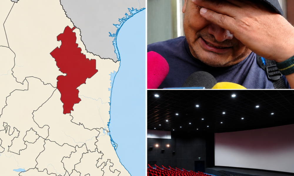 Mapa de Nuevo León, fotografía del hombre que quedó encerrado en un cine de Monterrey y una sala cinematográfica vacía tras el cierre del establecimiento.