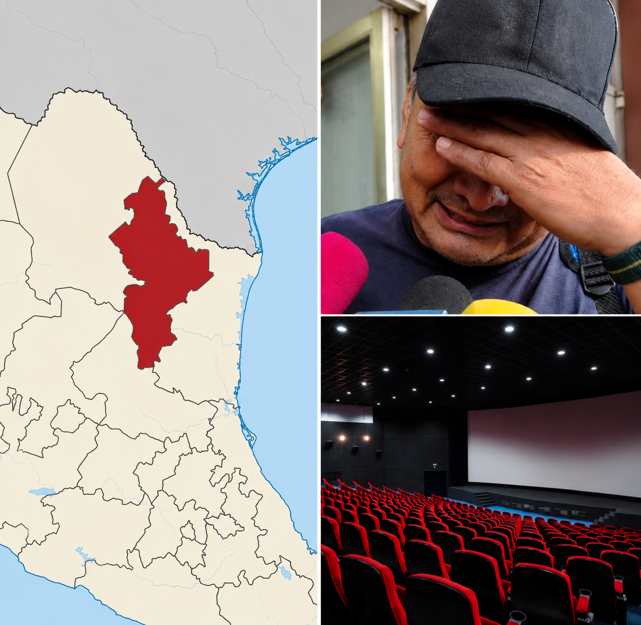 Mapa de Nuevo León, fotografía del hombre que quedó encerrado en un cine de Monterrey y una sala cinematográfica vacía tras el cierre del establecimiento.