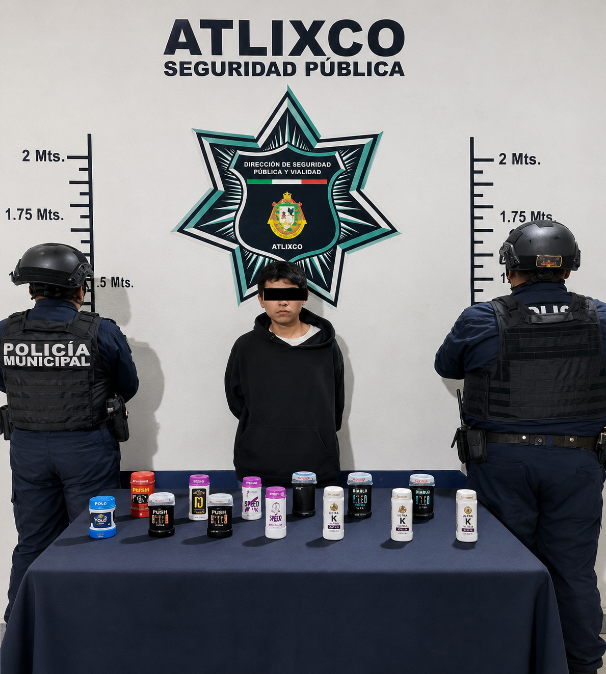 Elementos de la Secretaría de Seguridad Ciudadana de Atlixco presentan a un hombre detenido por su probable participación en un robo a comercio, junto con 13 desodorantes recuperados durante un operativo realizado en una tienda de autoservicio de la colonia Revolución.