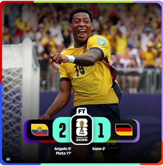Jugador de la Selección de Ecuador celebra uno de los goles de la victoria 2-1 sobre Alemania durante la última jornada del Grupo E de la Copa Mundial de la FIFA 2026, resultado que aseguró la clasificación ecuatoriana a la fase de eliminación directa.