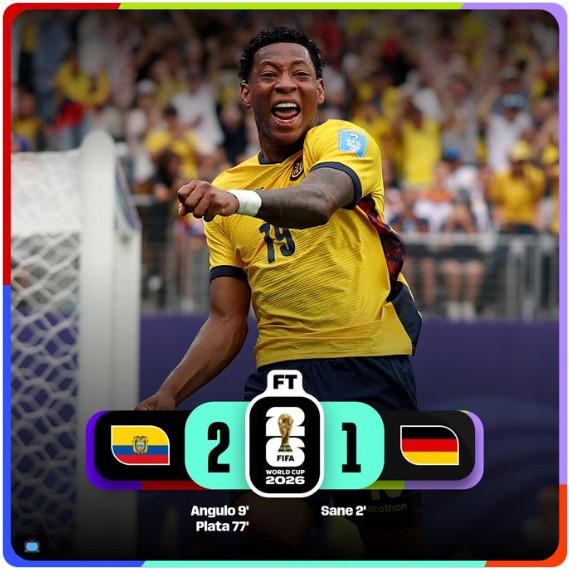 Jugador de la Selección de Ecuador celebra uno de los goles de la victoria 2-1 sobre Alemania durante la última jornada del Grupo E de la Copa Mundial de la FIFA 2026, resultado que aseguró la clasificación ecuatoriana a la fase de eliminación directa.