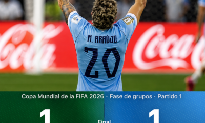 Maximiliano Araújo celebra el gol del empate de Uruguay frente a Arabia Saudita durante la fase de grupos de la Copa Mundial FIFA 2026.