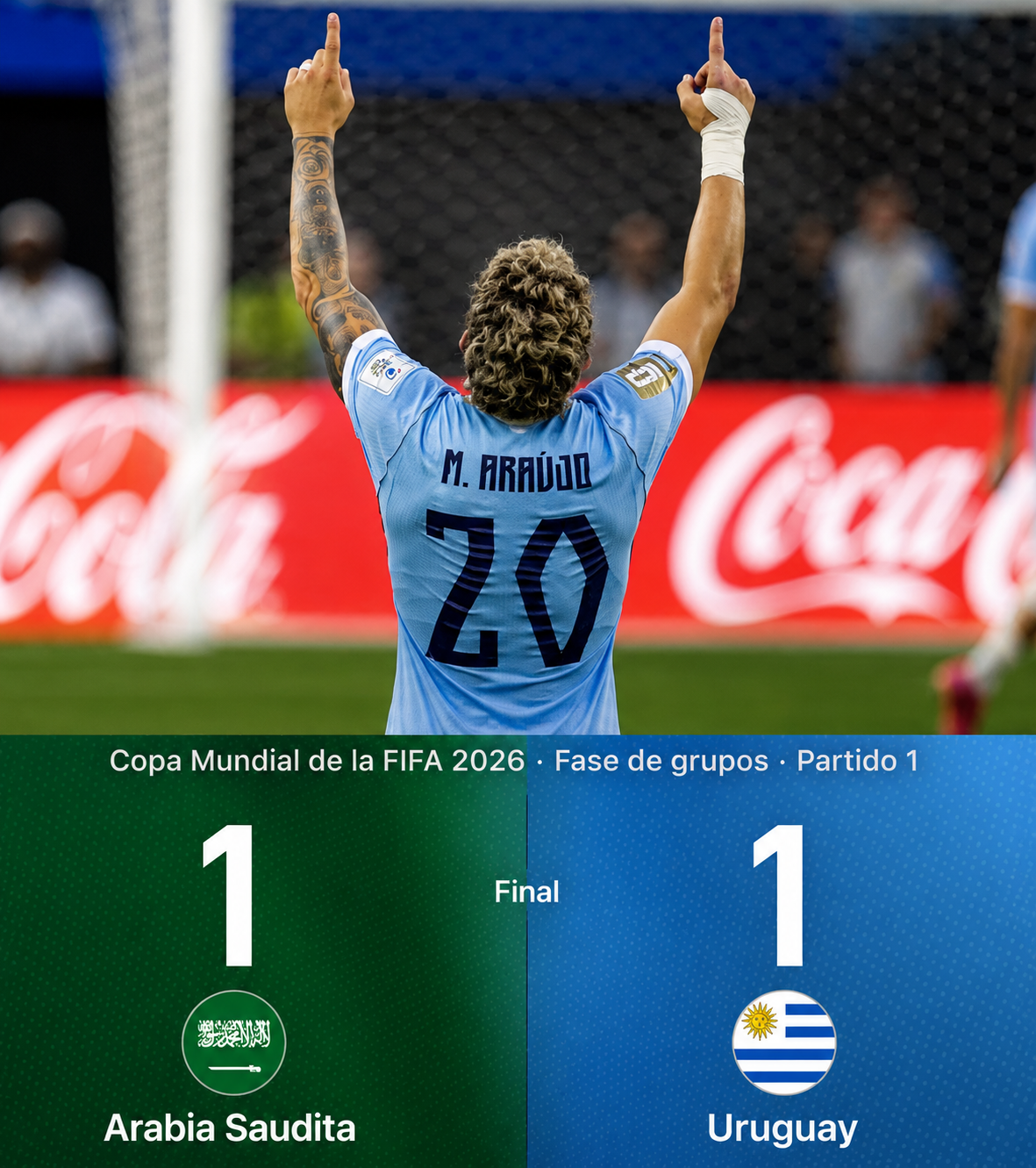 Maximiliano Araújo celebra el gol del empate de Uruguay frente a Arabia Saudita durante la fase de grupos de la Copa Mundial FIFA 2026.