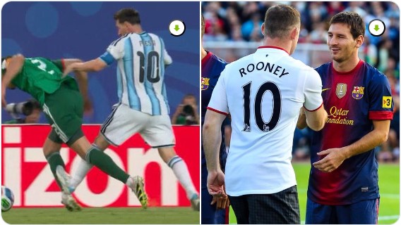 Comparativa de una jugada polémica protagonizada por Lionel Messi junto a una fotografía histórica con Wayne Rooney durante un encuentro amistoso.