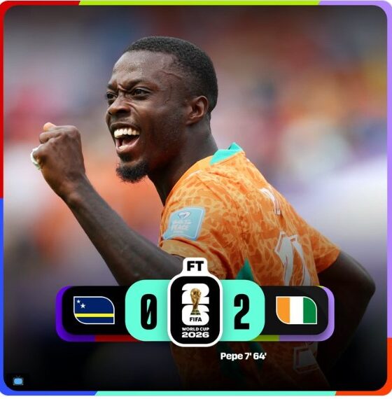 Jugador de la Selección de Costa de Marfil celebra uno de los goles anotados por Nicolas Pépé durante la victoria 2-0 sobre Curazao en la última jornada del Grupo E de la Copa Mundial de la FIFA 2026, resultado que aseguró la histórica clasificación marfileña a la fase de eliminación directa.