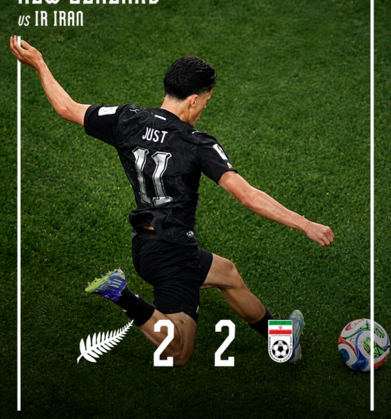 Elijah Just celebra durante el empate 2-2 entre Nueva Zelanda e Irán en la fase de grupos del Mundial 2026.