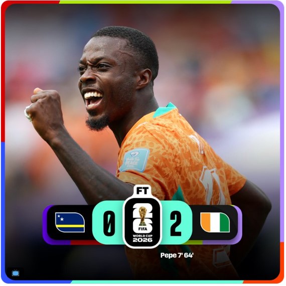 Jugador de la Selección de Costa de Marfil celebra uno de los goles anotados por Nicolas Pépé durante la victoria 2-0 sobre Curazao en la última jornada del Grupo E de la Copa Mundial de la FIFA 2026, resultado que aseguró la histórica clasificación marfileña a la fase de eliminación directa.