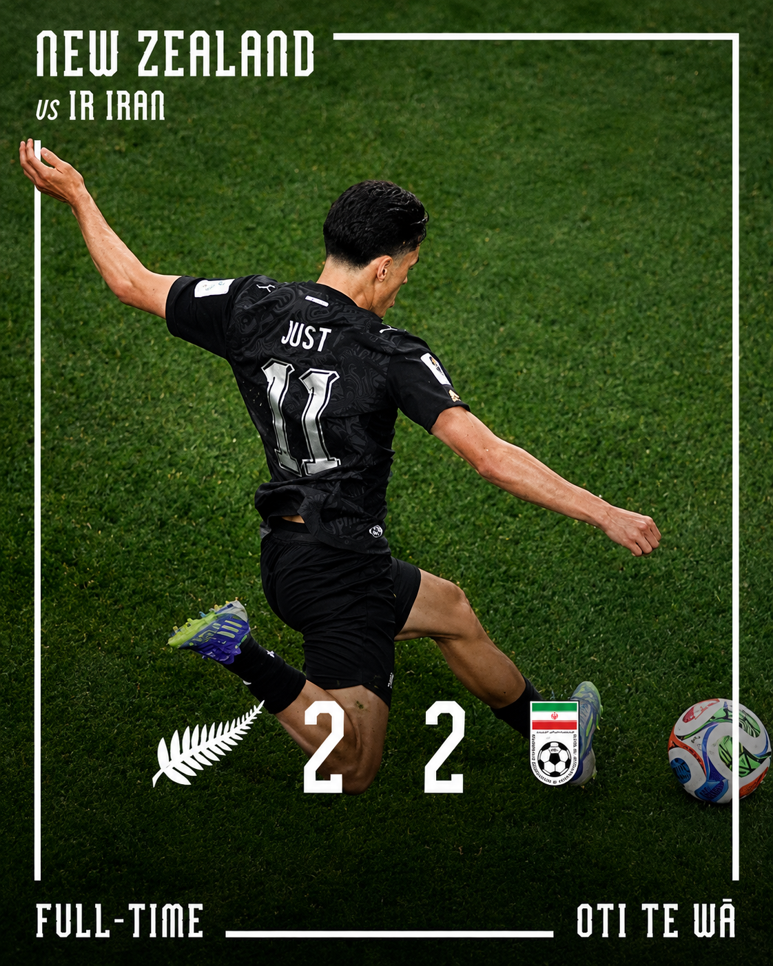 Elijah Just celebra durante el empate 2-2 entre Nueva Zelanda e Irán en la fase de grupos del Mundial 2026.
