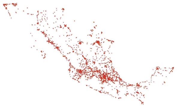 Mapa de México formado por puntos que representan la ubicación de tiendas OXXO en el país.
