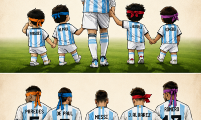 Ilustración de Lionel Messi acompañado por futbolistas argentinos en su infancia y en la actualidad, representando generaciones unidas por el Mundial 2026.