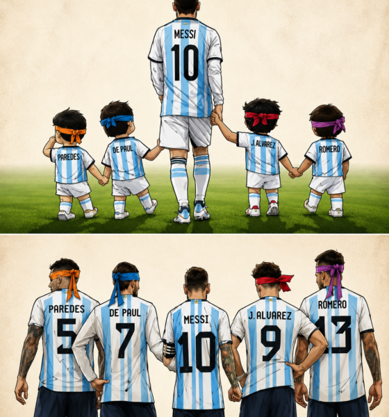 Ilustración de Lionel Messi acompañado por futbolistas argentinos en su infancia y en la actualidad, representando generaciones unidas por el Mundial 2026.