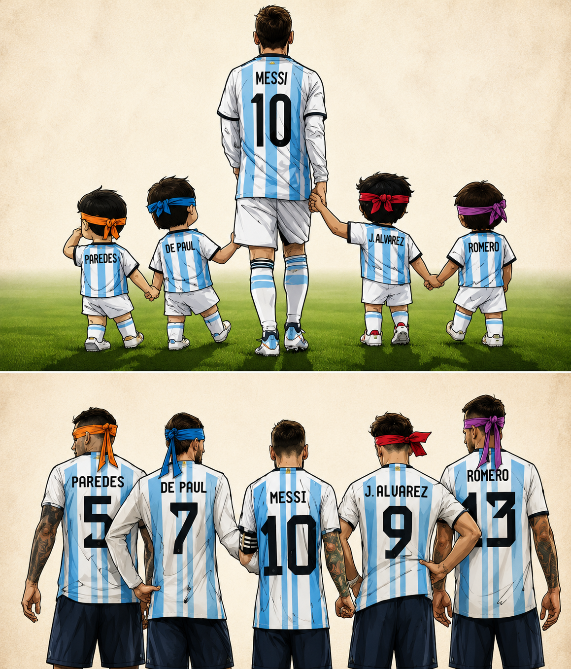 Ilustración de Lionel Messi acompañado por futbolistas argentinos en su infancia y en la actualidad, representando generaciones unidas por el Mundial 2026.