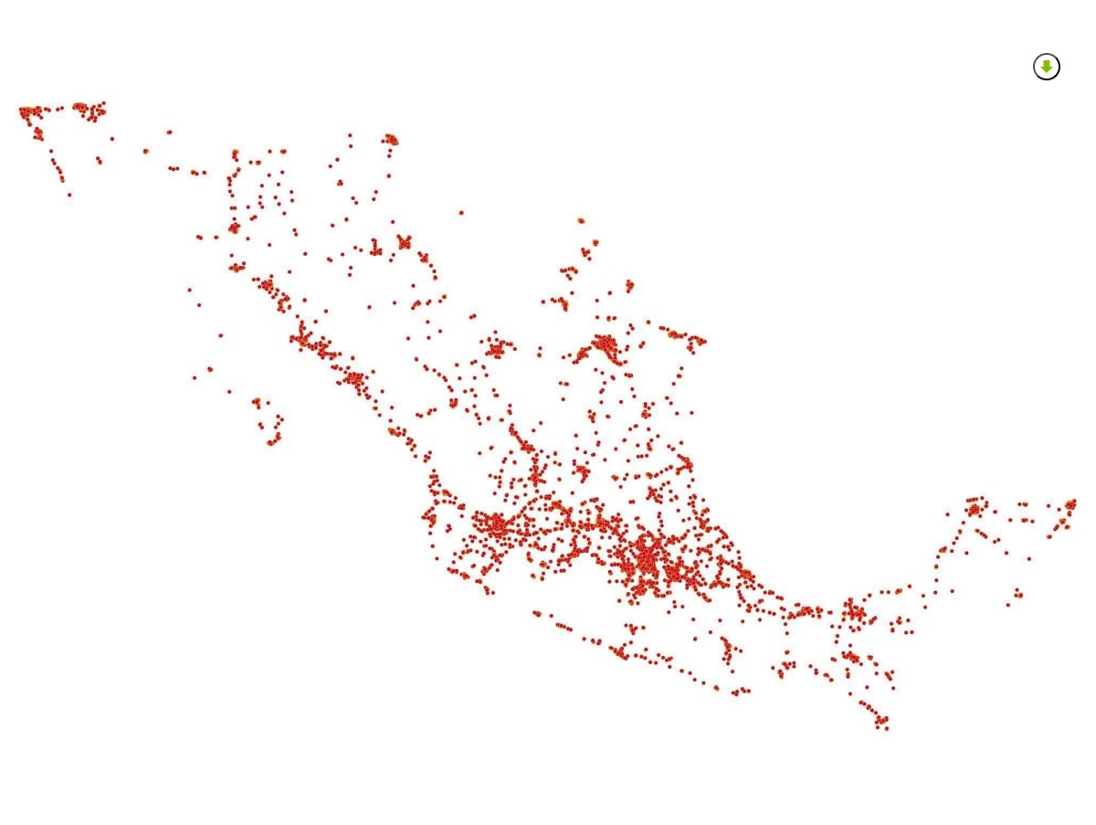 Mapa de México formado por puntos que representan la ubicación de tiendas OXXO en el país.