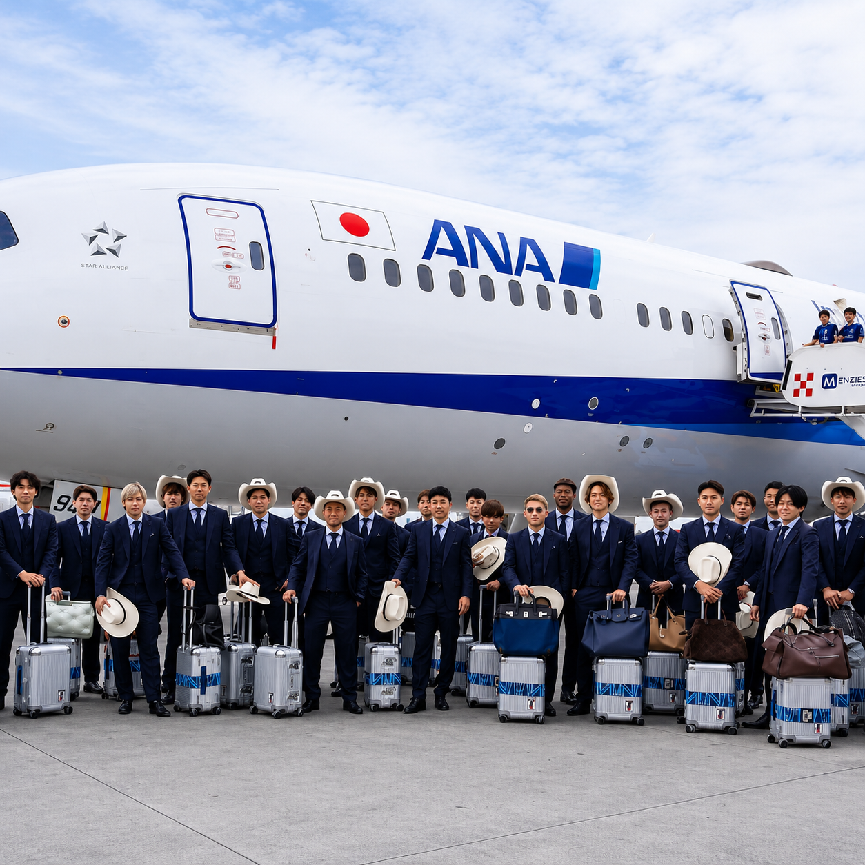 Jugadores de la Selección Nacional de Japón llegan a Monterrey para actividades relacionadas con el Mundial FIFA 2026 y reciben una bienvenida con sombreros regiomontanos.