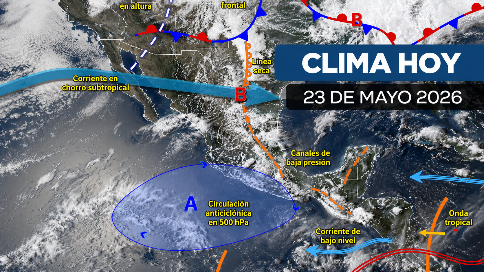 Mapa meteorológico de México mostrando sistemas atmosféricos que generan lluvias y chubascos en Puebla y el Valle de Atlixco durante junio de 2026.