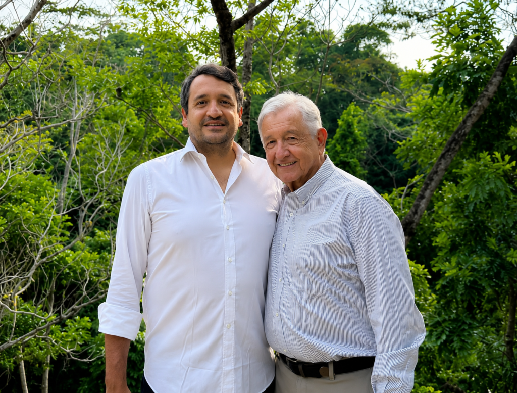 Andrés Manuel López Beltrán junto al expresidente Andrés Manuel López Obrador durante una aparición pública relacionada con Morena.