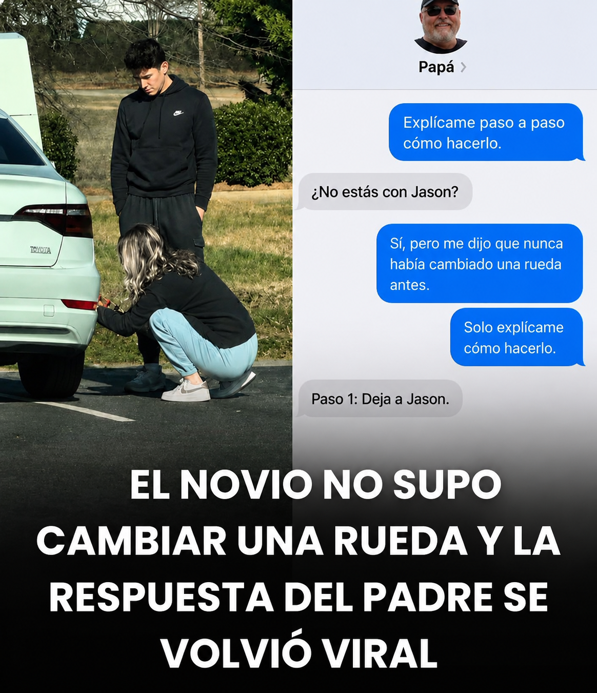 Joven intenta resolver una llanta ponchada mientras una conversación con su padre se vuelve viral por debatir habilidades prácticas y autosuficiencia.
