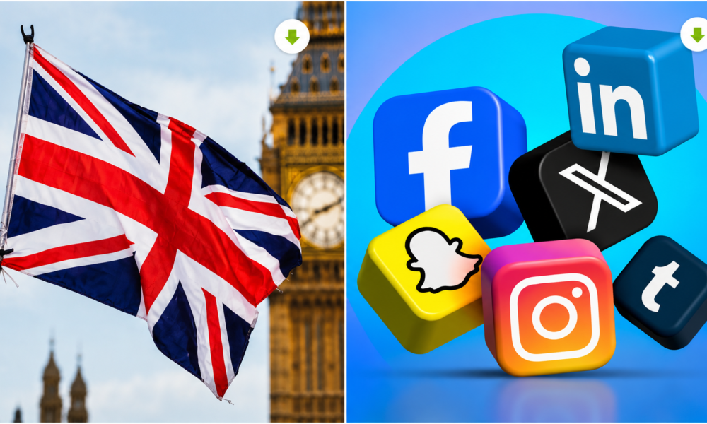 Bandera del Reino Unido junto a íconos de redes sociales en una ilustración sobre la prohibición de plataformas digitales para menores de 16 años.