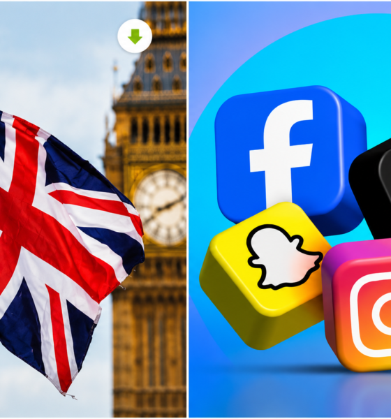Bandera del Reino Unido junto a íconos de redes sociales en una ilustración sobre la prohibición de plataformas digitales para menores de 16 años.