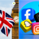 Bandera del Reino Unido junto a íconos de redes sociales en una ilustración sobre la prohibición de plataformas digitales para menores de 16 años.