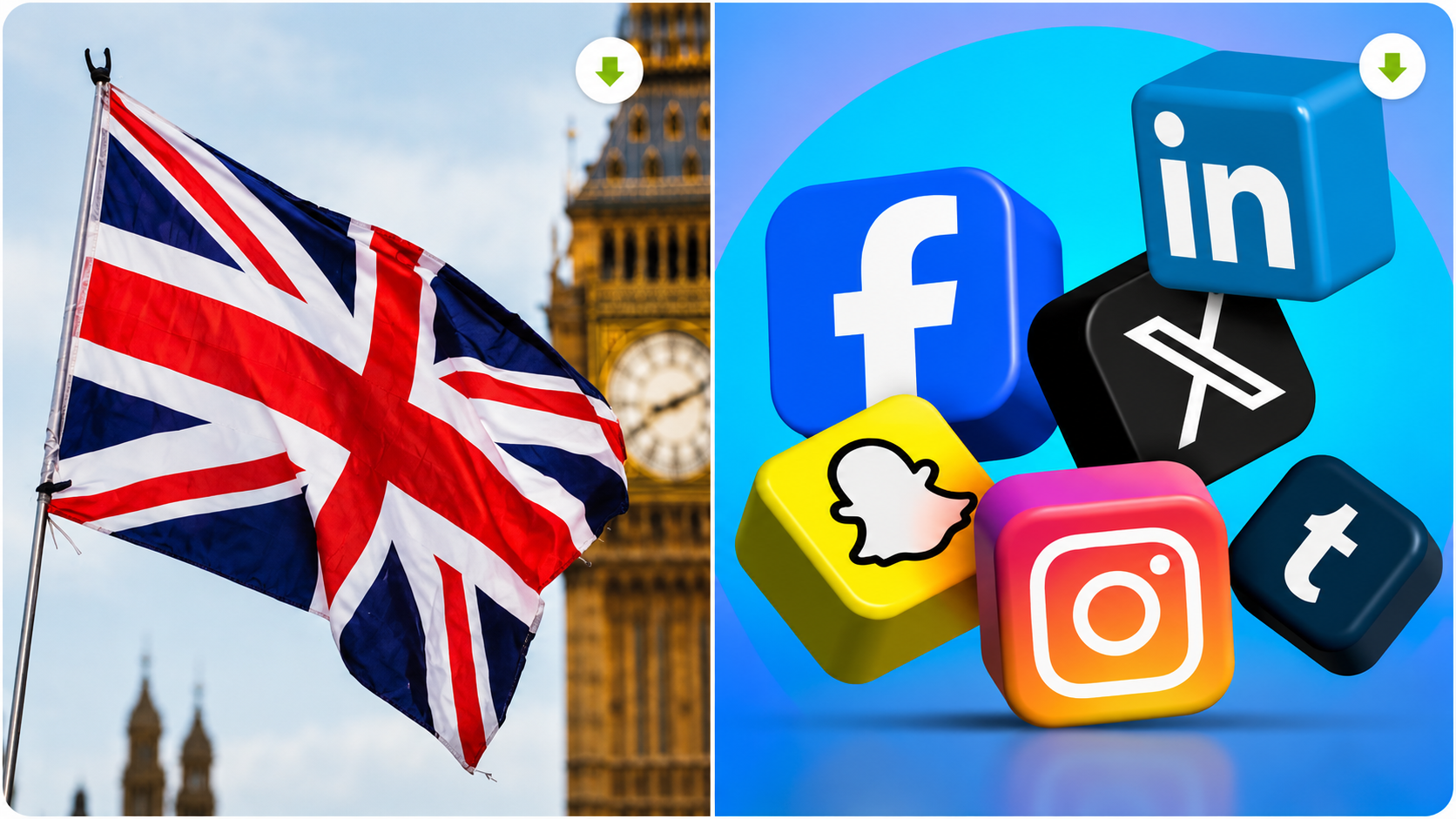 Bandera del Reino Unido junto a íconos de redes sociales en una ilustración sobre la prohibición de plataformas digitales para menores de 16 años.