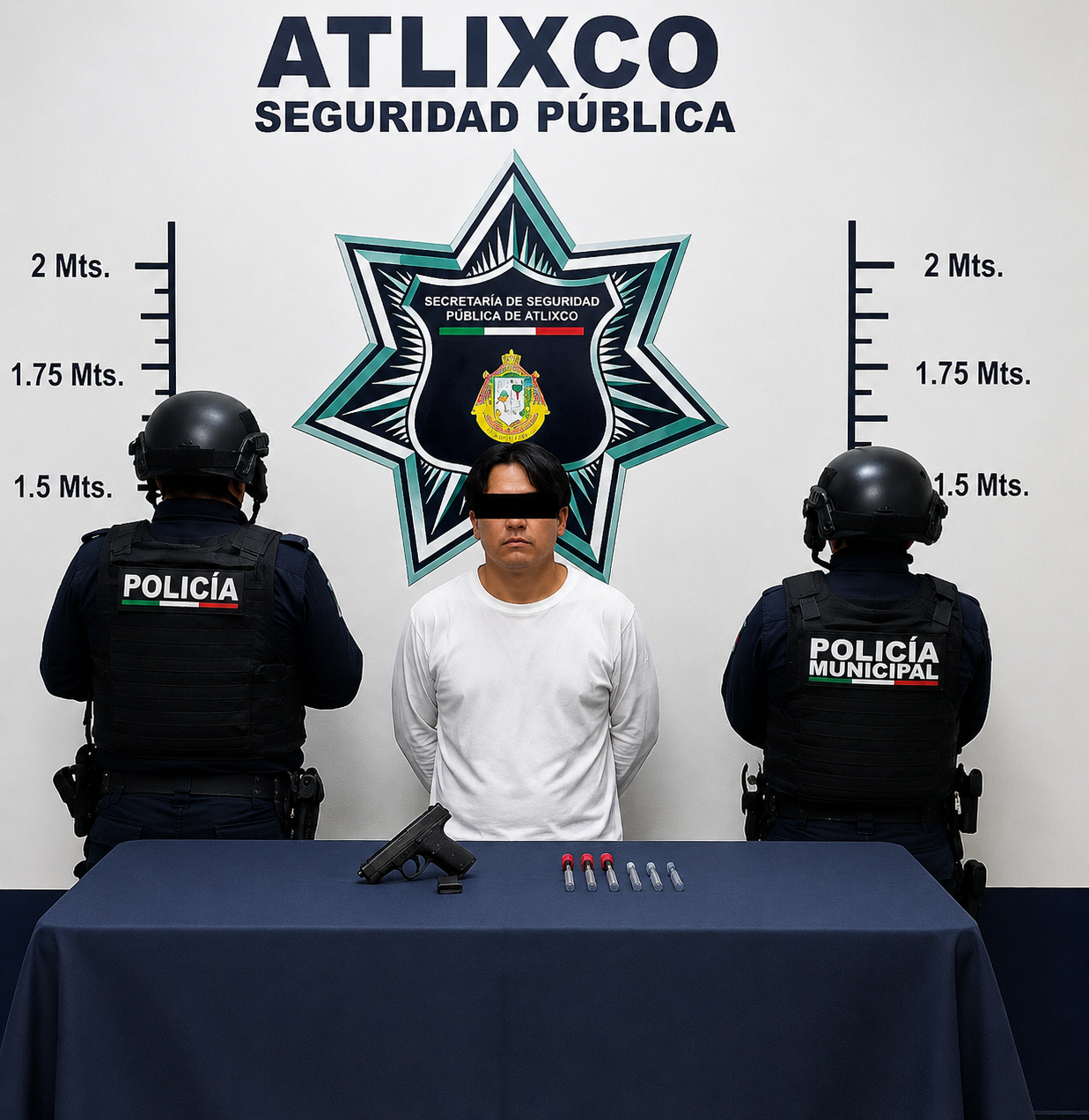 Sujeto detenido por policías municipales de Atlixco tras una persecución y aseguramiento de un arma de fuego.