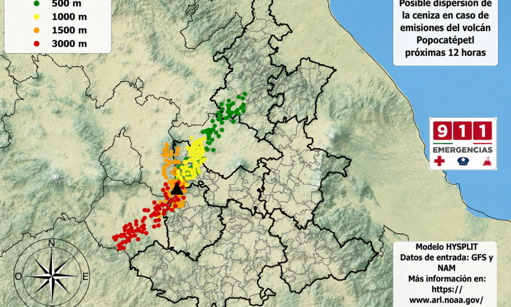 Mapa de dispersión de ceniza del volcán Popocatépetl para el 15 de junio de 2026 mostrando posible afectación en Angelópolis, Valle de Atlixco, Sierra Norte, Tlaxcala, Estado de México y Morelos.