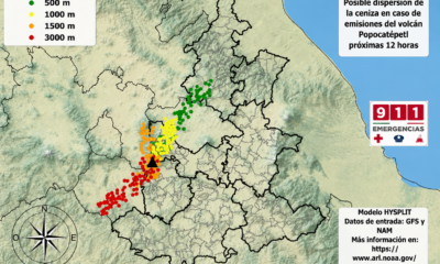 Mapa de dispersión de ceniza del volcán Popocatépetl para el 15 de junio de 2026 mostrando posible afectación en Angelópolis, Valle de Atlixco, Sierra Norte, Tlaxcala, Estado de México y Morelos.