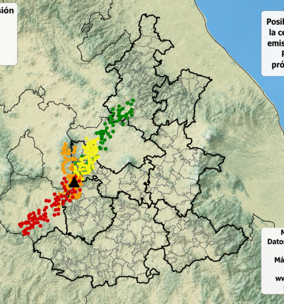 Mapa de dispersión de ceniza del volcán Popocatépetl para el 15 de junio de 2026 mostrando posible afectación en Angelópolis, Valle de Atlixco, Sierra Norte, Tlaxcala, Estado de México y Morelos.